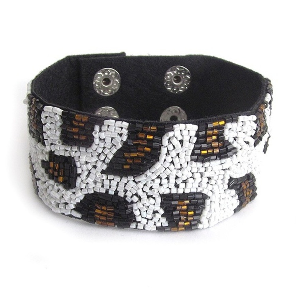 Seed beaded white black gold animal print bracelet